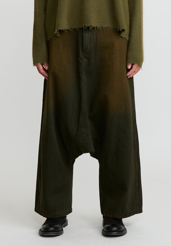 Rundholz Dip Cotton Denim Distressed Drop Crotch Jeans in Khaki Green