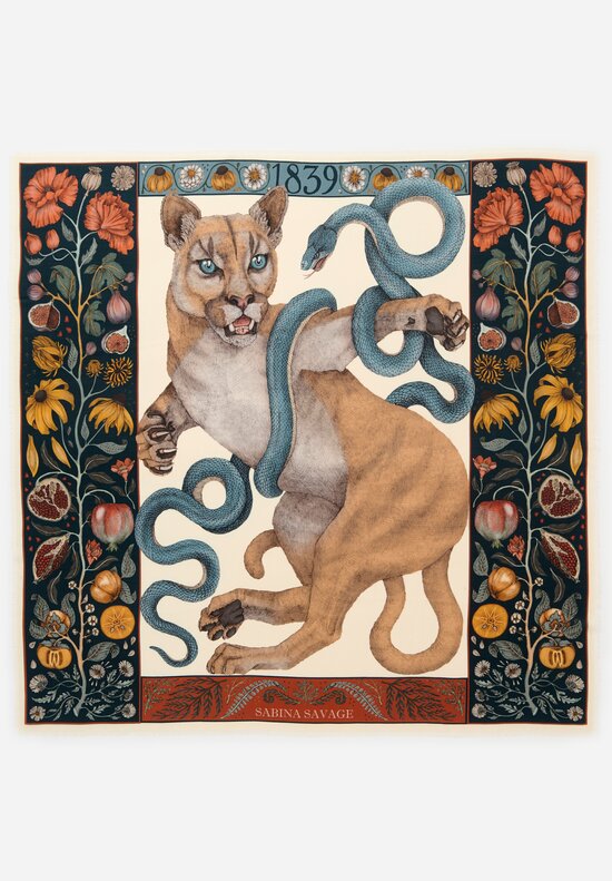 Sabina Savage Wool and Silk The Cougar and Serpent Scarf in Parchment White & Ink Blue