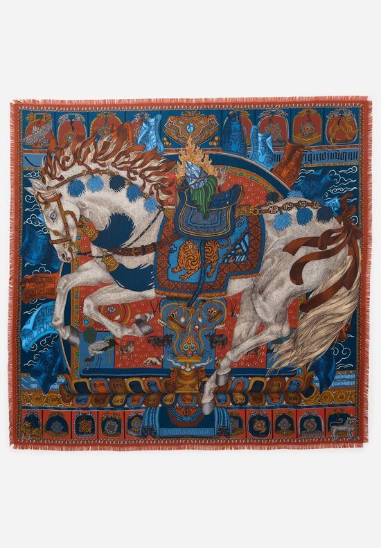 Sabina Savage Silk Twill The Wind Horse Scarf in Madder Red & Sky Blue	