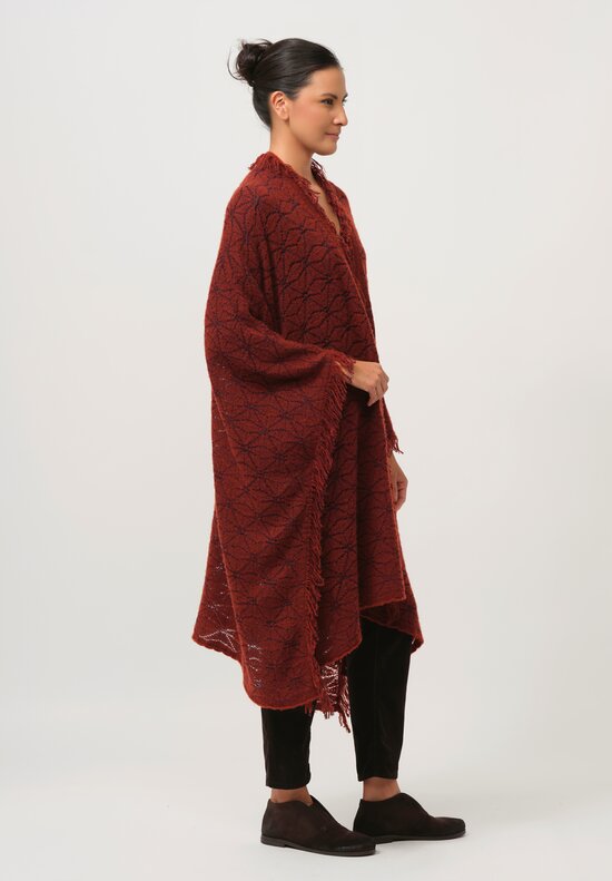 Lainey Keogh Cashmere Hand Knit Fringed Poncho in Harissa Red & Navy	