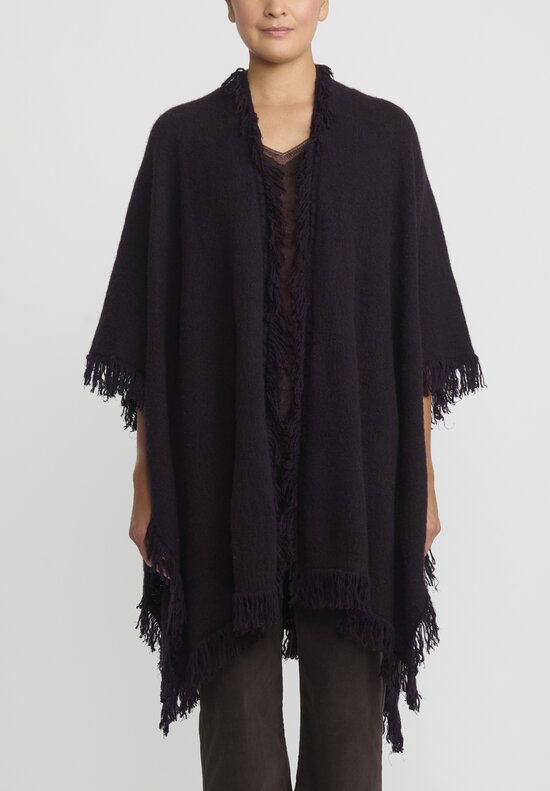 Lainey Cashmere Hand-Knit Cashmere and Silk Fringed Poncho Cardigan in Black Currant, Chocolate Brown