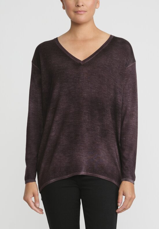 Avant Toi Hand-Painted Cashmere & Silk V-Neck Sweater in Nero Seppia Purple