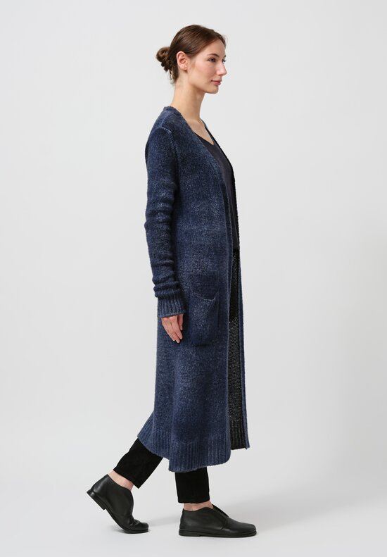 Avant Toi Hand-Painted Cashmere & Wool Long Cardigan in Nero Midnight Blue	