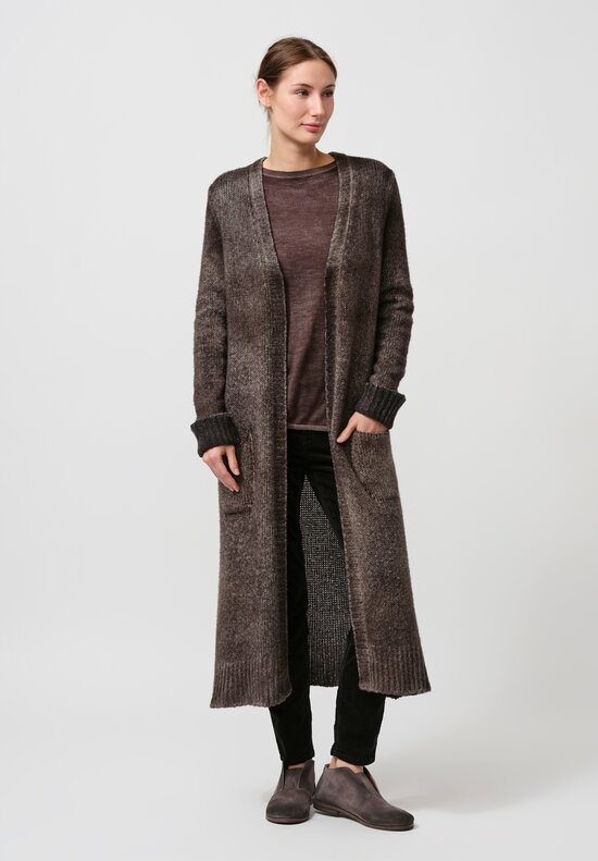 Avant Toi Hand-Painted Cashmere & Wool Long Cardigan in Nero Mushroom Grey