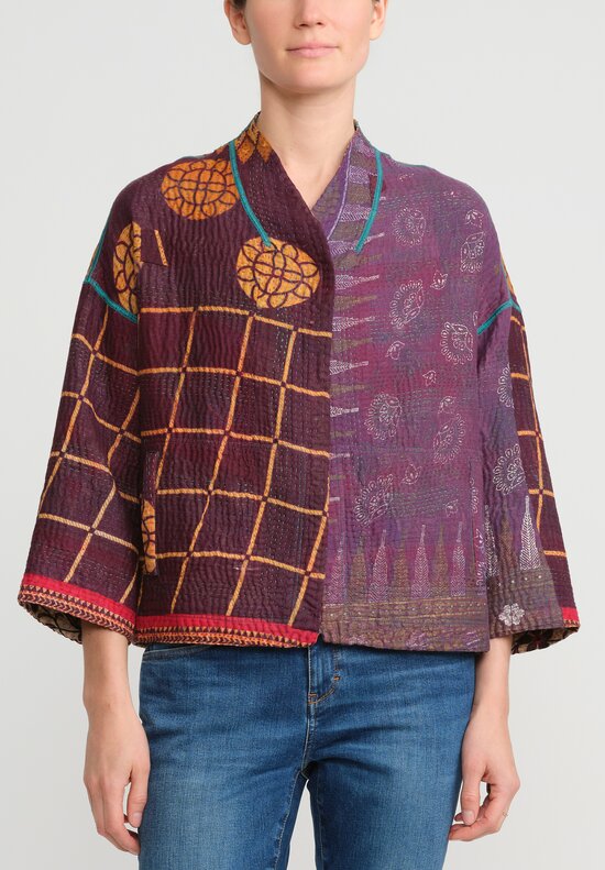 Mieko Mintz 4-Layer Vintage Cotton Stand Collar Cropped Jacket in Purple, Gold & Cream	
