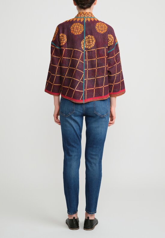 Mieko Mintz 4-Layer Vintage Cotton Stand Collar Cropped Jacket in Purple, Gold & Cream	