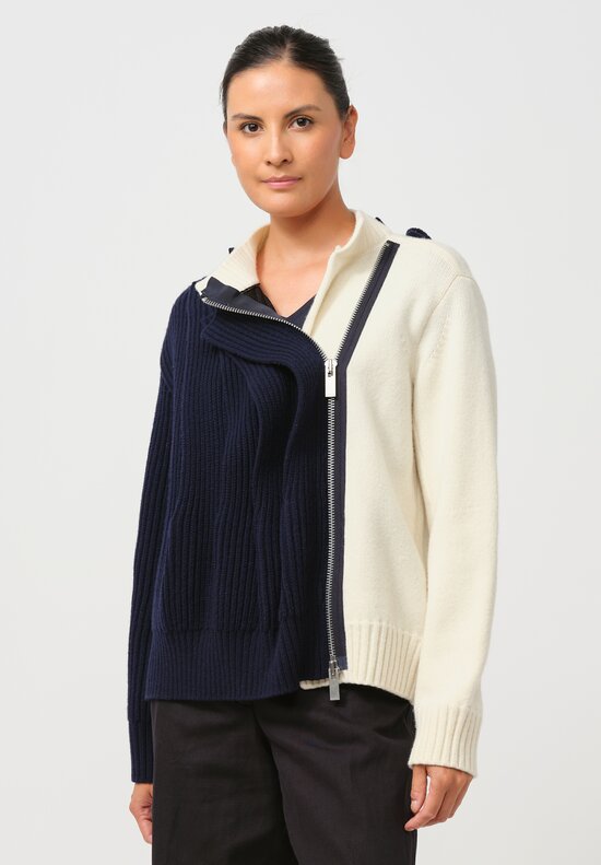 Sacai Wool Knit Blouson Jacket in Navy & Off-White	