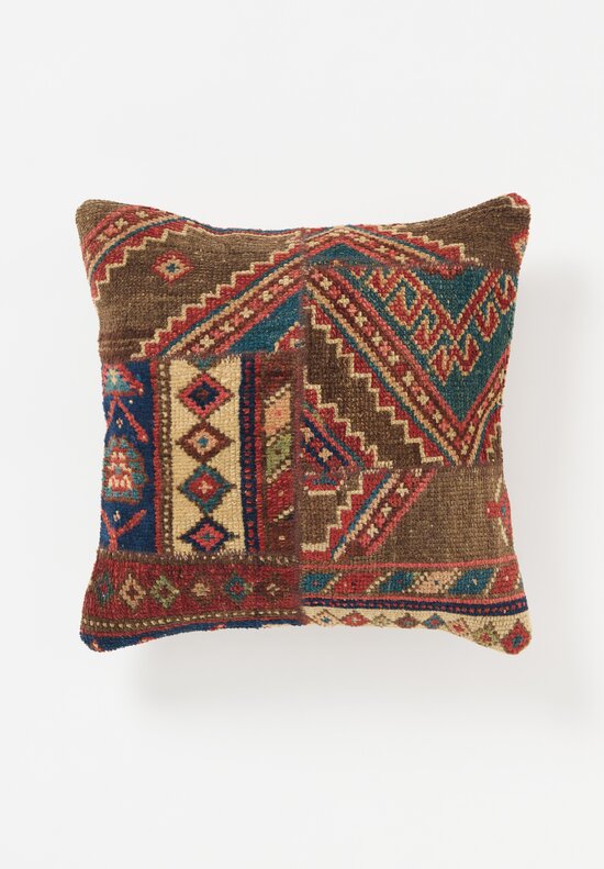 Antique Wool Kurdish Rug Pillow in Red, Brown & Blue I	