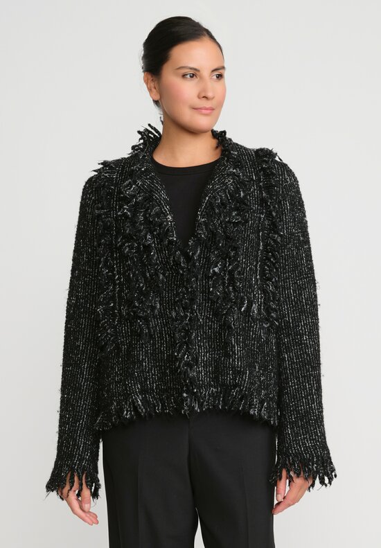 Sacai Wool Fringed Tweed Jacket in Black & White