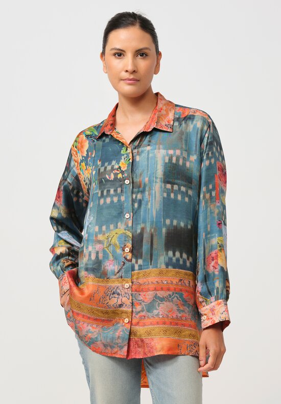 Bokja Silk Twill Regalia Button Up Z Shirt in Blue & Orange	