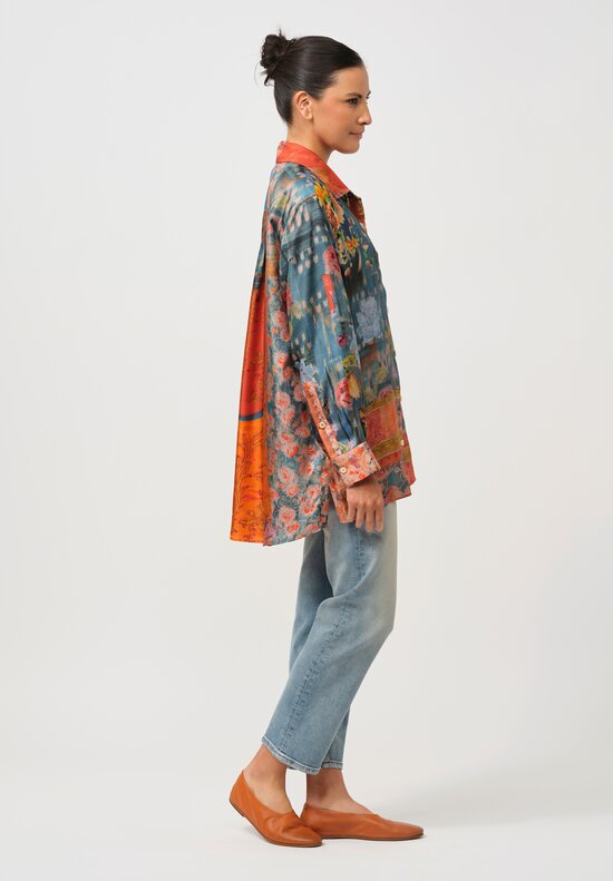 Bokja Silk Twill Regalia Button Up Z Shirt in Blue & Orange	