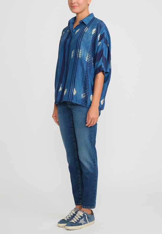 11.11/Eleven Eleven Silk Dots & Stripes Short-Sleeve Shirt in Indigo Blue