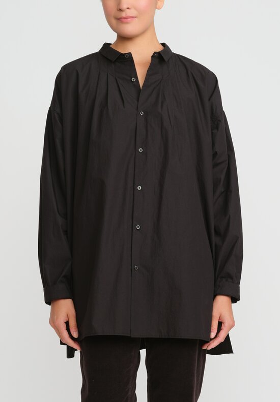 Kaval High Count Cotton Typewriter Wide Gathered Shirt in Black