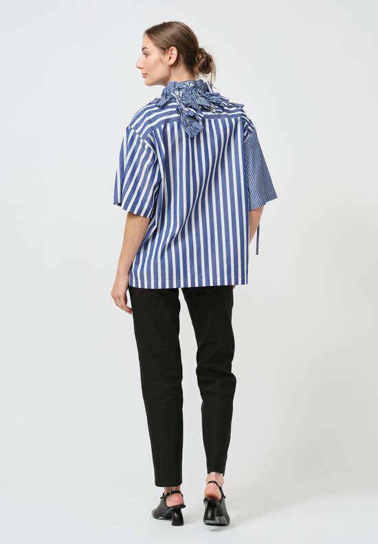 Biyan Cotton Embellished Sybel Short Sleeve Shirt in Mixed Blue Stripe	