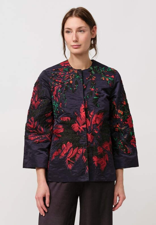 Biyan Embroided, Appliqué & Crinkled Taffeta Short Kory Jacket in Navy Blue & Red	