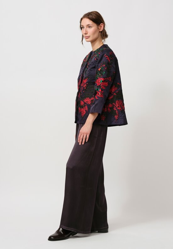 Biyan Embroided, Appliqué & Crinkled Taffeta Short Kory Jacket in Navy Blue & Red	