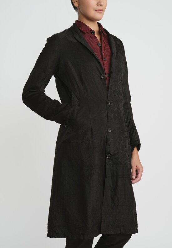 Christian Peau Vintage Silk Jacquard Long Coat in Black Cranes