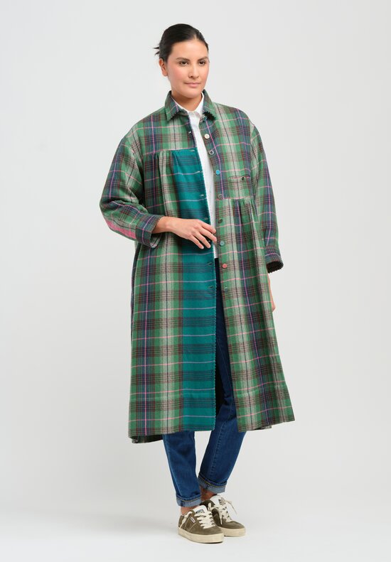 Péro Woven Wool Plaid Coat Dress in Green, Blue & Pink	