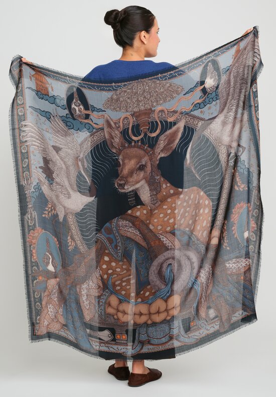 Sabina Savage Cashmere The Song Deer Scarf in Storm Blue & Steel