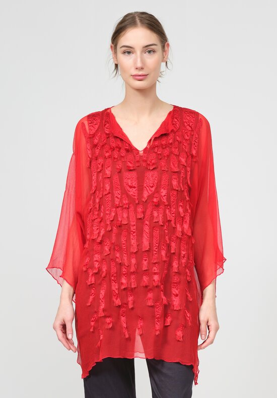 Shi Silk Chiffon Hand Embroidered Tunic in Red	