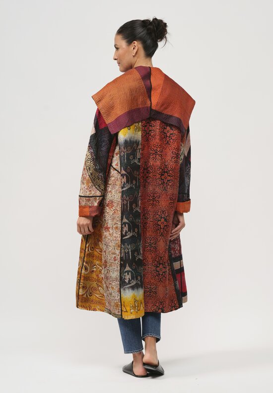 Mieko Mintz Vintage Silk Patch Kantha A-Line Coat in Brick Red, Orange & Brown	