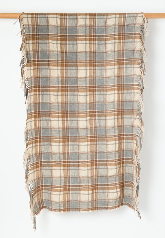 The House of Lyria Linen and Wool Plaid Pensionato Scarf in Natural, Grey & Brown