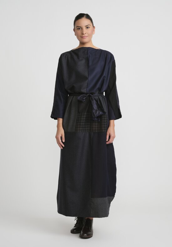 Daniela Gregis Wool & Silk Patchwork Abito Lunedi Note Dress in Navy Blue & Black