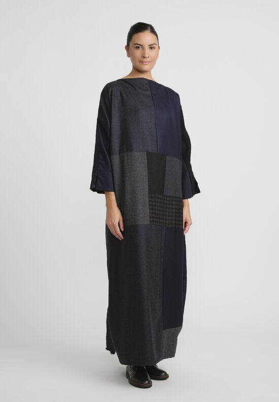 Daniela Gregis Wool & Silk Patchwork Abito Lunedi Note Dress in Navy Blue & Black