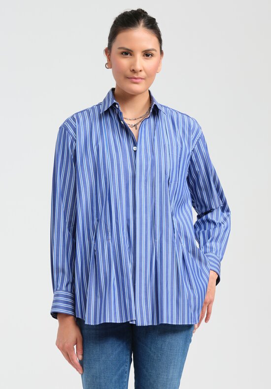 Sacai Cotton Poplin Collared Pleated Long-Sleeve Shirt in Striped Blue & White