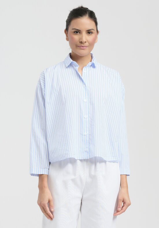 Bergfabel Washed Cotton Poplin Short Overshirt in Stripe Blue