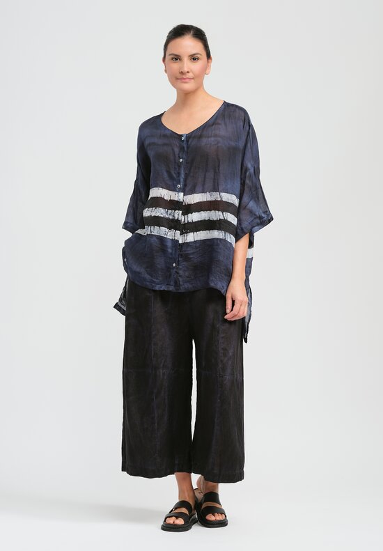 Gilda Midani Pattern Dyed Linen Button-Down Super Shirt in Dress Blue, Black & White Stripes