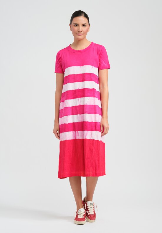 Gilda Midani Pattern Dyed Short Sleeve Maria Dress in Fiesta Pink & White Stripes