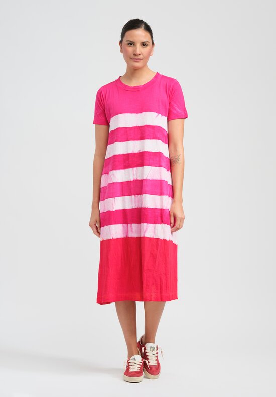 Gilda Midani Pattern Dyed Short Sleeve Maria Dress in Fiesta Pink & White Stripes