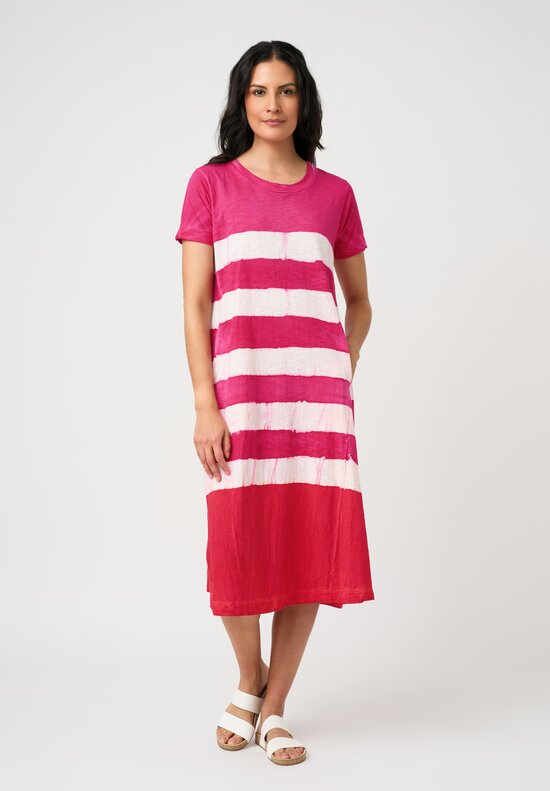 Gilda Midani Cotton Pattern-Dyed Short Sleeve Maria Dress in Fiesta Pink & White Stripes