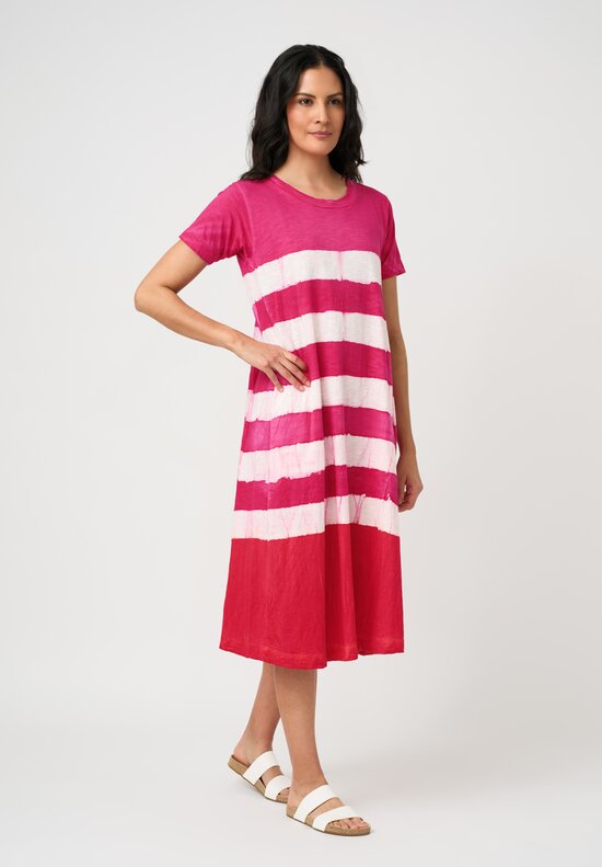 Gilda Midani Cotton Pattern-Dyed Short Sleeve Maria Dress in Fiesta Pink & White Stripes