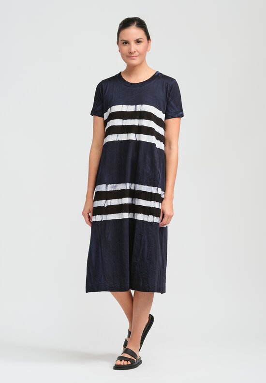 Gilda Midani Pattern Dyed Short Sleeve Maria Dress in Dress Blue, Black & White Stripes