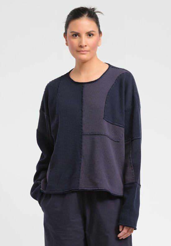 Alabama Chanin Cotton Patchwork Waffle-Knit Pullover in Navy Blue	