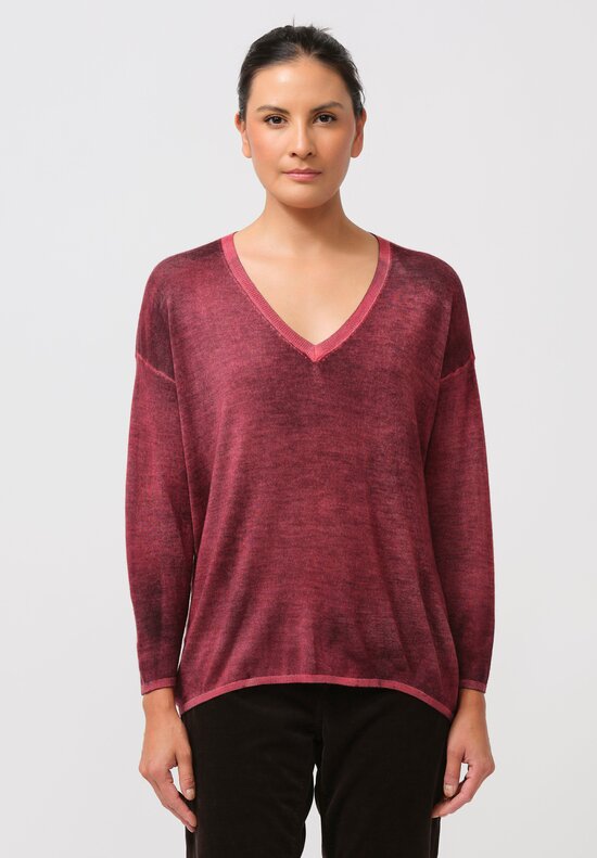 Avant Toi Cashmere & Silk Hand-Painted V-Neck Sweater in Nero Camellia Red	