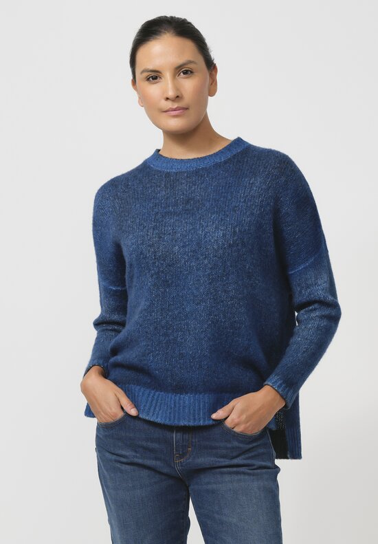 Avant Toi Hand-Painted Cashmere & Silk Barchetta Pullover in Nero Nigella Blue	