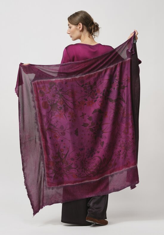 Avant Toi Cashmere & Silk Quadrello Dark Flowers Scarf in Nero Clematis Purple	