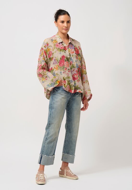 Péro Linen Weave Button-Down Shirt in Floral Natural