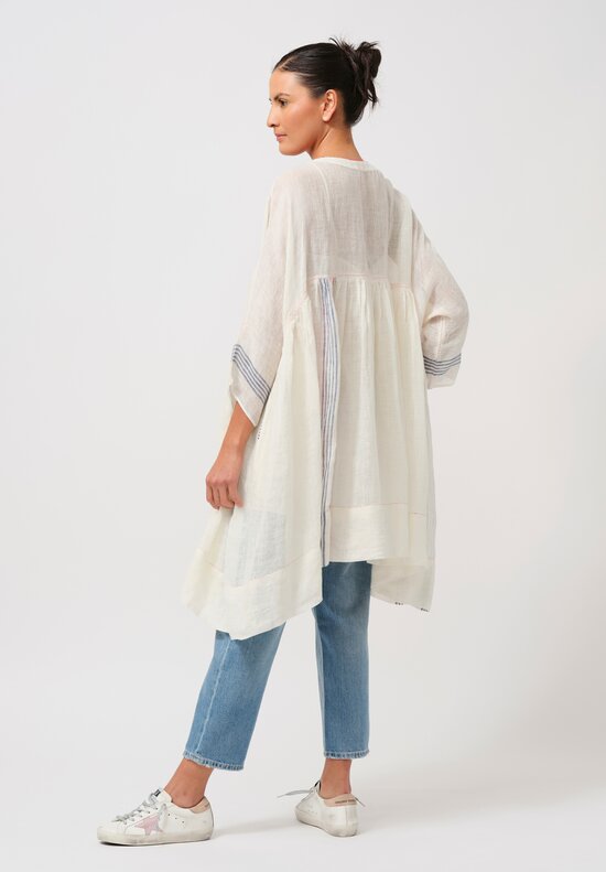 Péro Gathered Linen Tunic in Cream & Blue Stripe