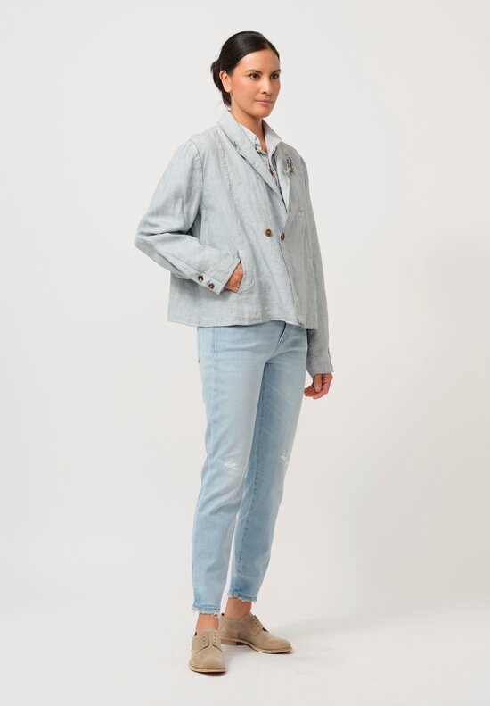 Umit Unal Linen Double-Button Jacket in Blue & Blue Stitching	