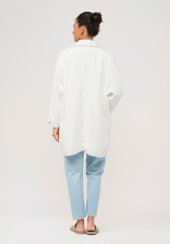 Umit Unal Hand-Stitched Linen Coat in Off White & Black Stitching
