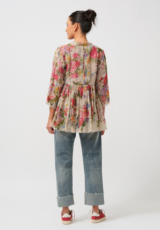 Péro Floral Linen Weave Top in Rose Bouquet