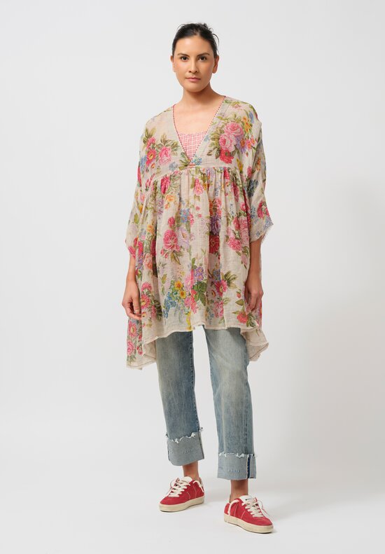 Péro Gathered Floral Linen Tunic in Rose Bouquet