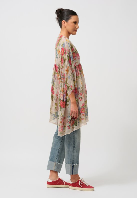 Péro Gathered Floral Linen Tunic in Rose Bouquet