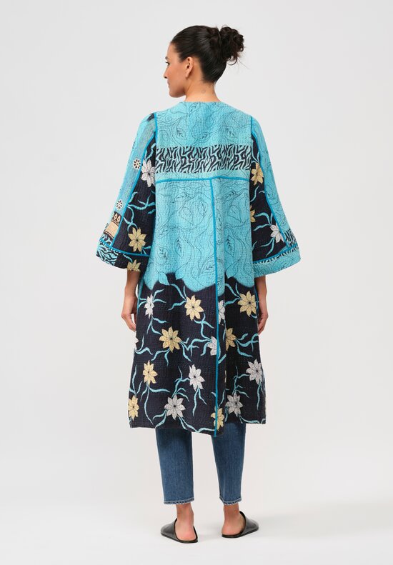 Mieko Mintz Vintage Cotton Kantha Wrap Coat in Black & Blue Floral	