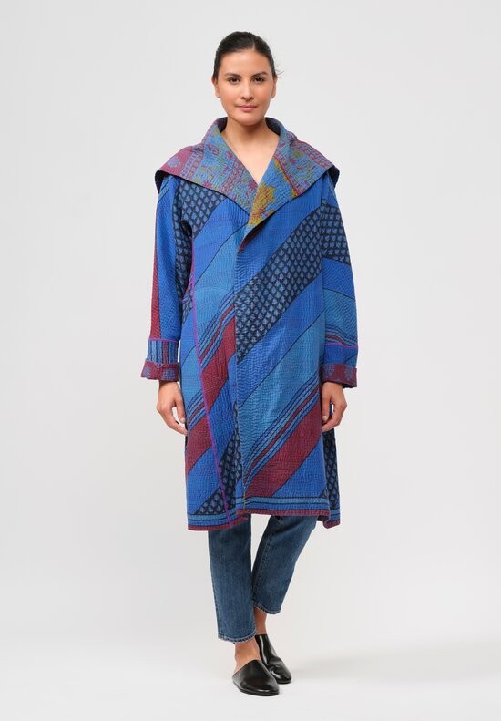 Mieko Mintz Vintage Cotton Overdyed A-Line Coat in Red & Blue Damask	