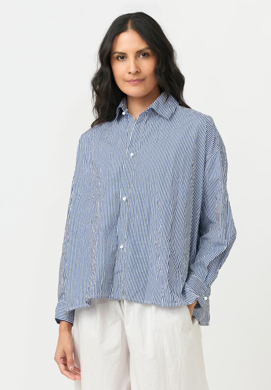 Daniela Gregis Washed Cotton Cropped Uomo Larga Shirt in White & Blue Stripe